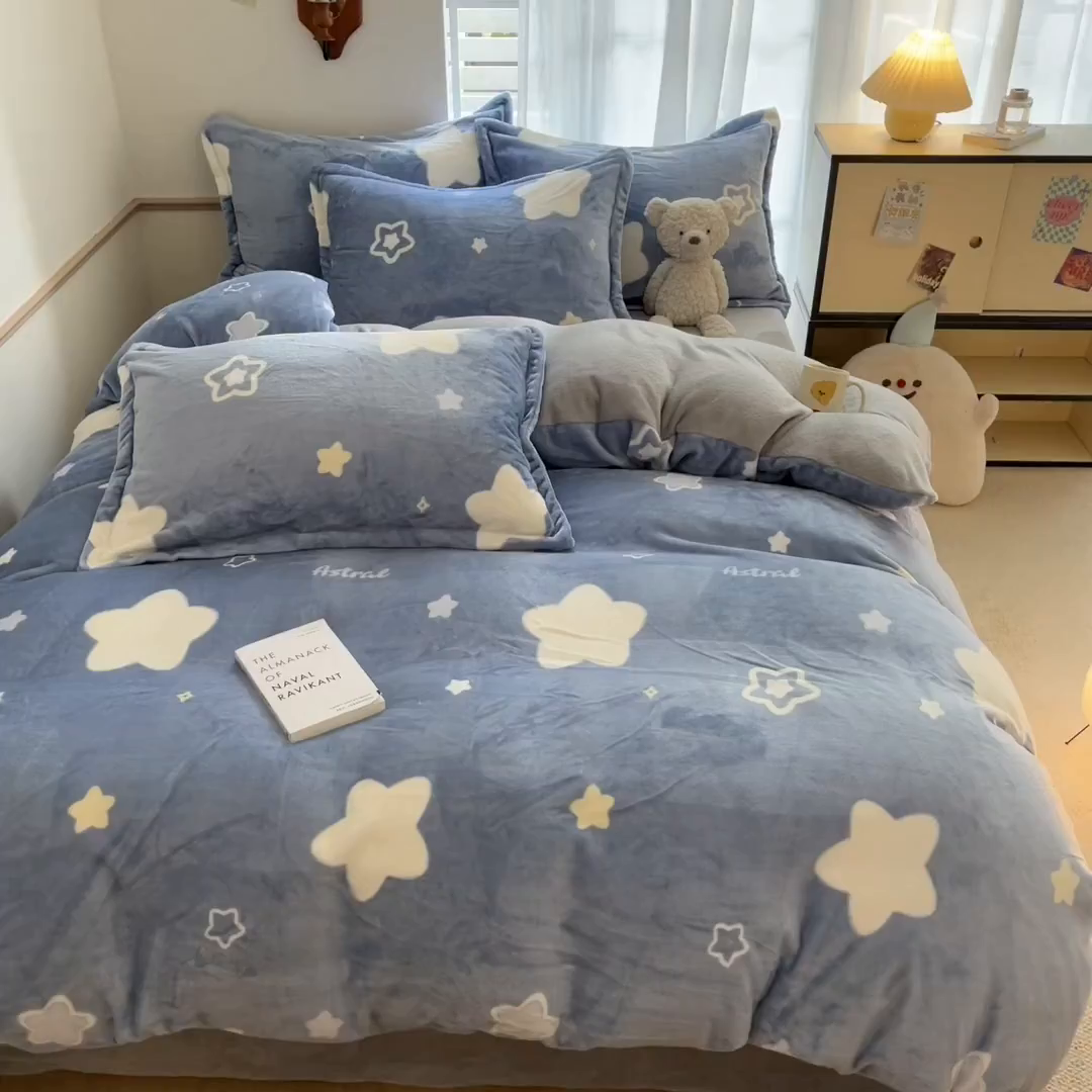 91家纺网 家纺一手货源 找家纺 寻米 2025新款高克重加厚保暖牛奶绒四件套-第二批 星空萌物