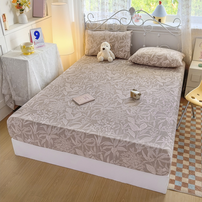 91家纺网 家纺一手货源 找家纺 爱彼家纺 2025新款水洗水洗棉印花床笠单品床笠床笠三件套风格一 叶影漫漫