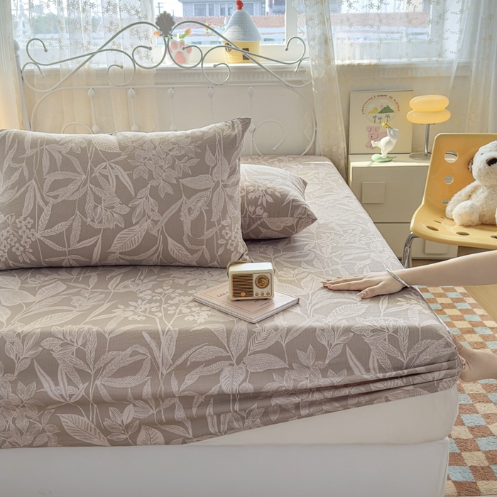 91家纺网 家纺一手货源 找家纺 爱彼家纺 2025新款水洗水洗棉印花床笠单品床笠床笠三件套风格一 叶影漫漫