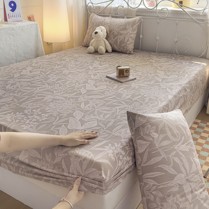 91家纺网 家纺一手货源 找家纺 爱彼家纺 2025新款水洗水洗棉印花床笠单品床笠床笠三件套风格一 叶影漫漫