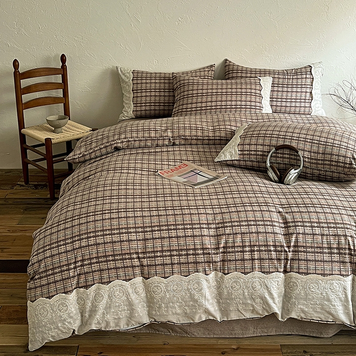 91家纺网 家纺一手货源 找家纺 梵克保罗 2025新款亚麻复古花边系列四件套 茶巷