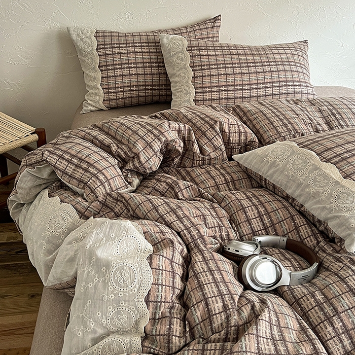 91家纺网 家纺一手货源 找家纺 梵克保罗 2025新款亚麻复古花边系列四件套 茶巷