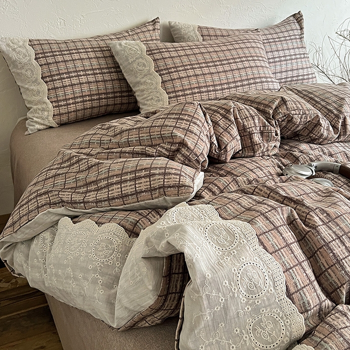 91家纺网 家纺一手货源 找家纺 梵克保罗 2025新款亚麻复古花边系列四件套 茶巷