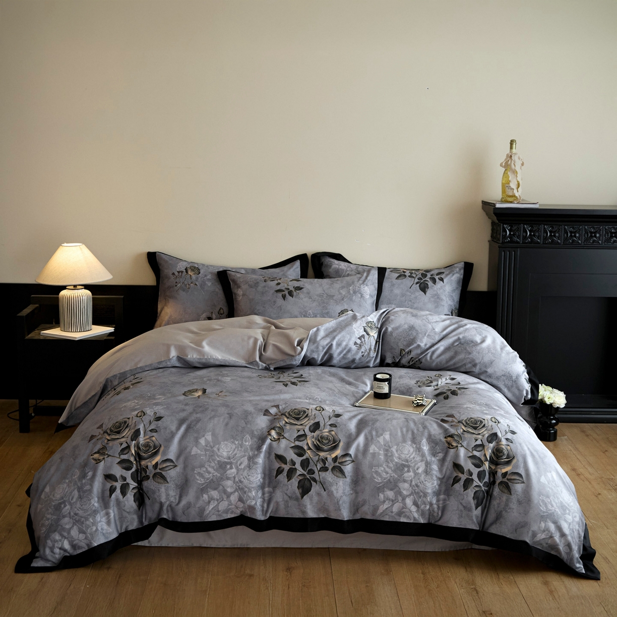 91家纺网 家纺一手货源 找家纺 帝王家纺 2025新款爆款秋冬印花四件套轻奢高级感磨毛超柔亲肤四季款 玫瑰之约-灰