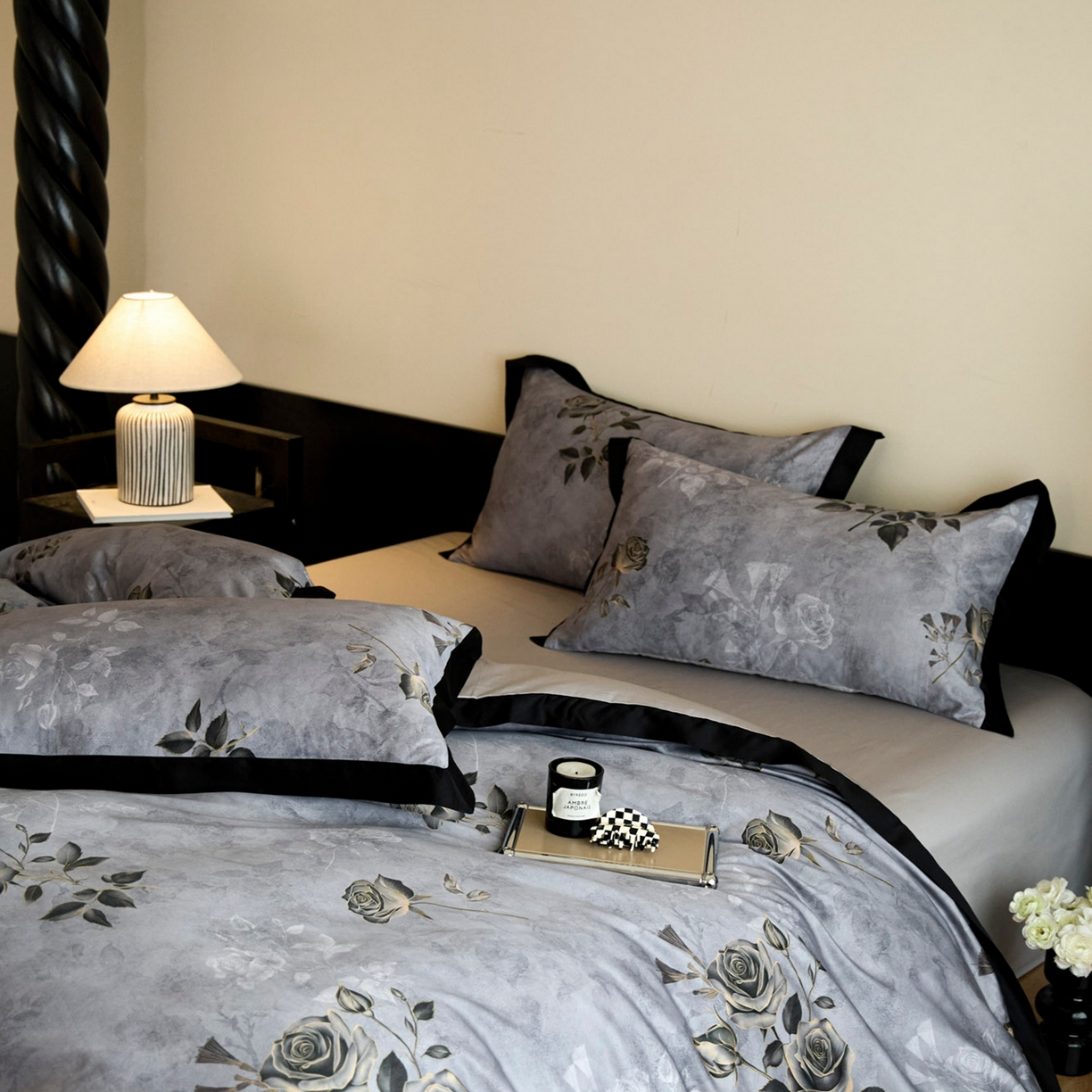 91家纺网 家纺一手货源 找家纺 帝王家纺 2025新款爆款秋冬印花四件套轻奢高级感磨毛超柔亲肤四季款 玫瑰之约-灰