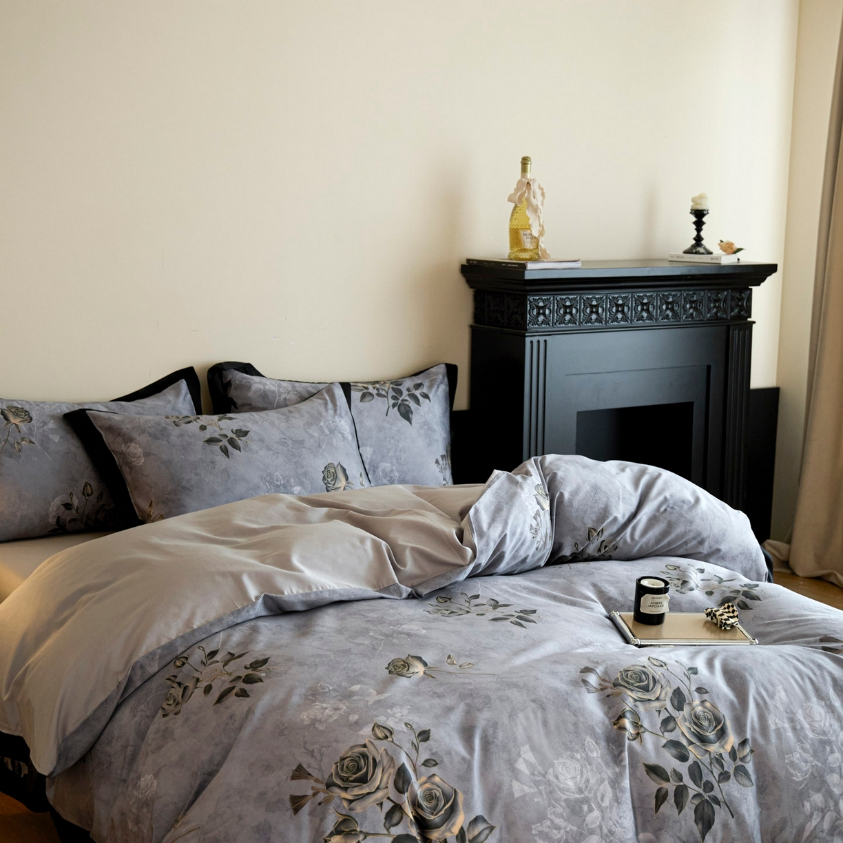 91家纺网 家纺一手货源 找家纺 帝王家纺 2025新款爆款秋冬印花四件套轻奢高级感磨毛超柔亲肤四季款 玫瑰之约-灰