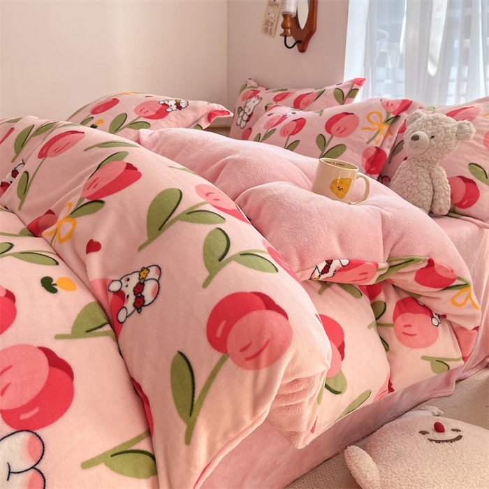 寻米 2025新款高克重加厚保暖牛奶绒四件套-第二批 野见花兔