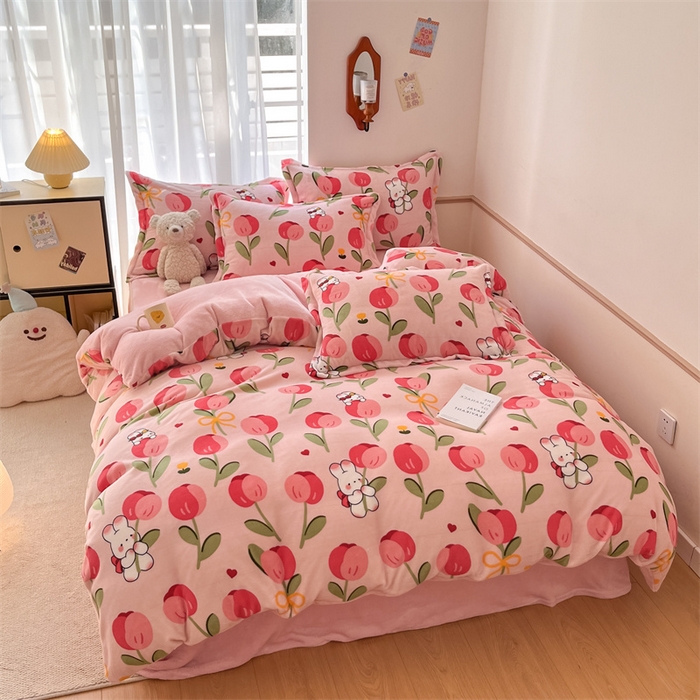 91家纺网 家纺一手货源 找家纺 寻米 2025新款高克重加厚保暖牛奶绒四件套-第二批 野见花兔