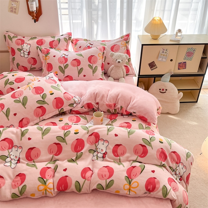 91家纺网 家纺一手货源 找家纺 寻米 2025新款高克重加厚保暖牛奶绒四件套-第二批 野见花兔