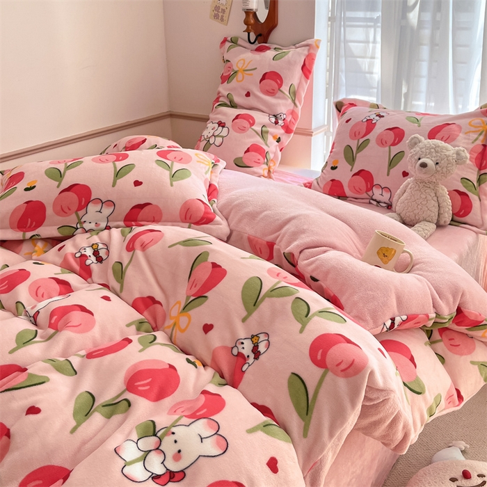 91家纺网 家纺一手货源 找家纺 寻米 2025新款高克重加厚保暖牛奶绒四件套-第二批 野见花兔