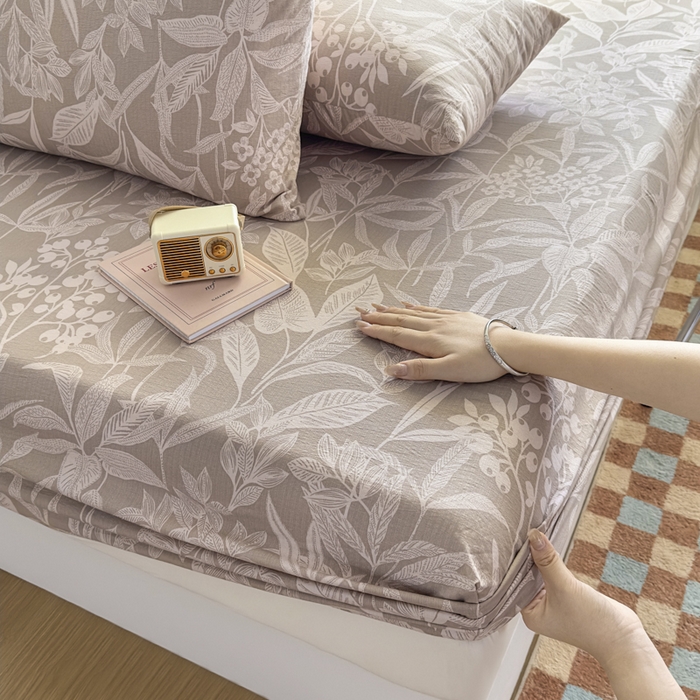 91家纺网 家纺一手货源 找家纺 爱彼家纺 2025新款水洗水洗棉印花床笠单品床笠床笠三件套风格二 叶影漫漫