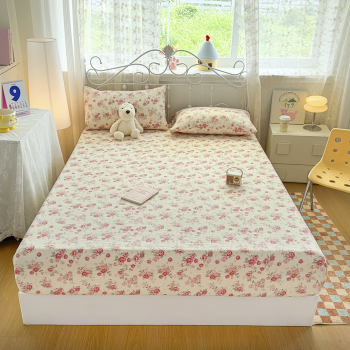 91家纺网 家纺一手货源 找家纺 爱彼家纺 2025新款水洗水洗棉印花床笠单品床笠床笠三件套风格二 柔粉蔷薇绘