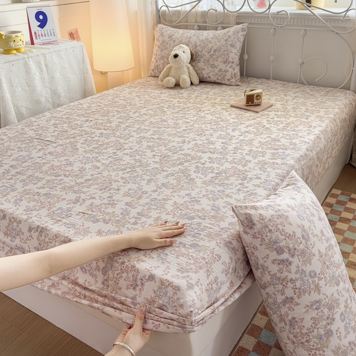 91家纺网 家纺一手货源 找家纺 爱彼家纺 2025新款水洗水洗棉印花床笠单品床笠床笠三件套风格二 淡彩花漾
