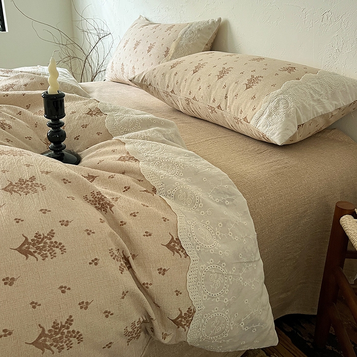 91家纺网 家纺一手货源 找家纺 梵克保罗 2025新款亚麻复古花边系列四件套 繁花