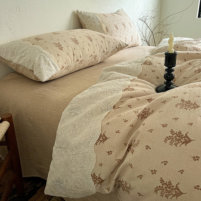 91家纺网 家纺一手货源 找家纺 梵克保罗 2025新款亚麻复古花边系列四件套 繁花