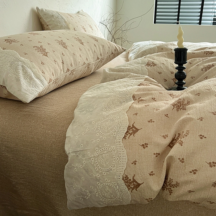 91家纺网 家纺一手货源 找家纺 梵克保罗 2025新款亚麻复古花边系列四件套 繁花