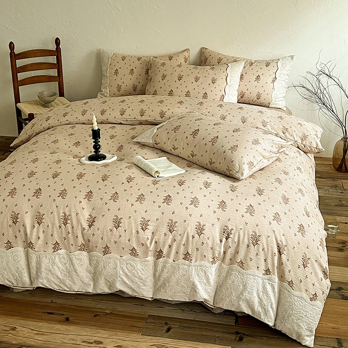 91家纺网 家纺一手货源 找家纺 梵克保罗 2025新款亚麻复古花边系列四件套 繁花