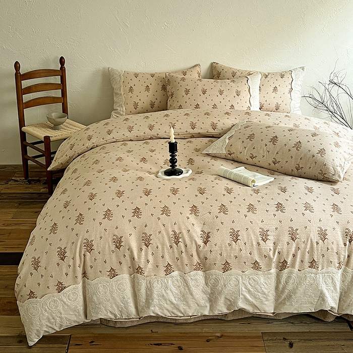 91家纺网 家纺一手货源 找家纺 梵克保罗 2025新款亚麻复古花边系列四件套 繁花