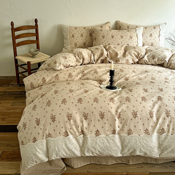 91家纺网 家纺一手货源 找家纺 梵克保罗 2025新款亚麻复古花边系列四件套 繁花