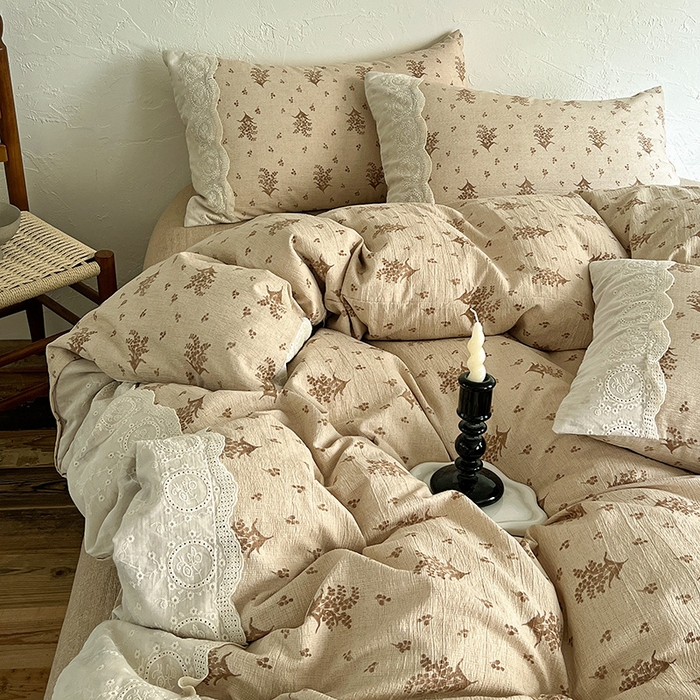 91家纺网 家纺一手货源 找家纺 梵克保罗 2025新款亚麻复古花边系列四件套 繁花