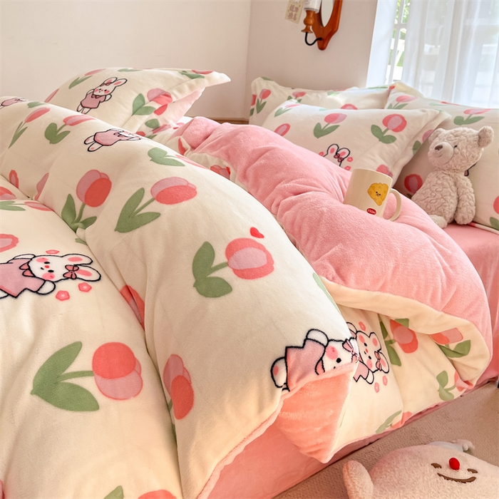 寻米 2025新款高克重加厚保暖牛奶绒四件套-第二批 郁香小兔