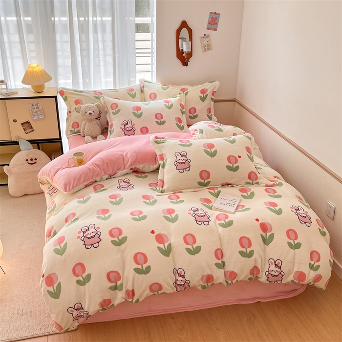 91家纺网 家纺一手货源 找家纺 寻米 2025新款高克重加厚保暖牛奶绒四件套-第二批 郁香小兔