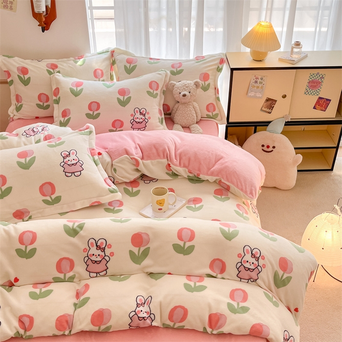 91家纺网 家纺一手货源 找家纺 寻米 2025新款高克重加厚保暖牛奶绒四件套-第二批 郁香小兔