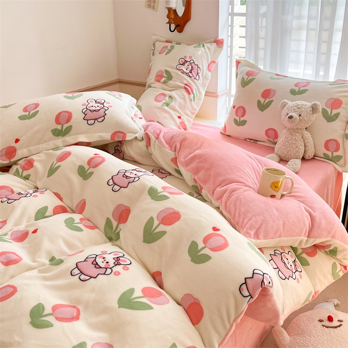 91家纺网 家纺一手货源 找家纺 寻米 2025新款高克重加厚保暖牛奶绒四件套-第二批 郁香小兔