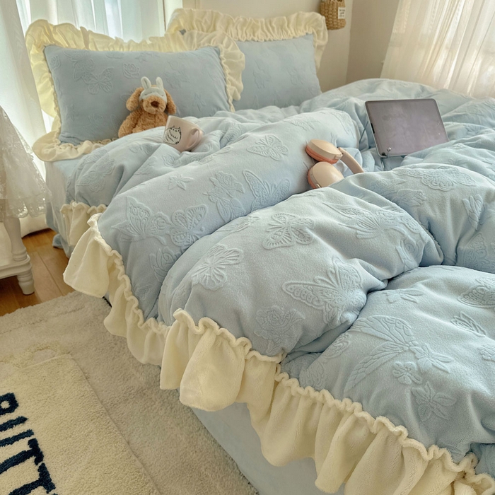 六巷胡同 2025新款韩版花蝶仙踪A类全消光牛奶绒花边四件套 花蝶仙踪-湖水蓝