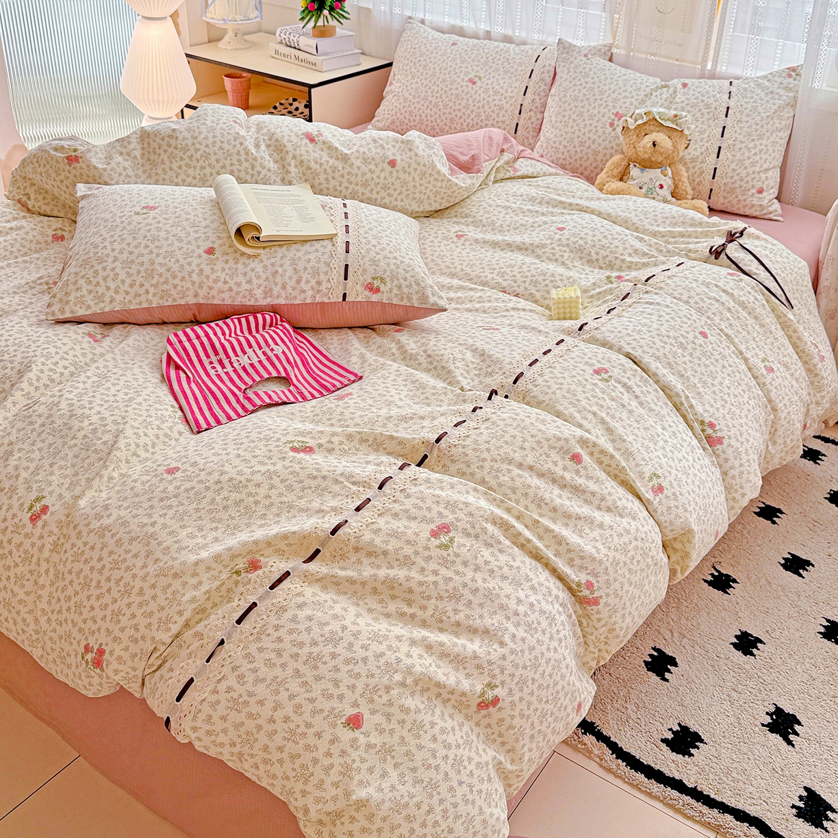 91家纺网 家纺一手货源 找家纺 梵克保罗 2025新款古法水洗棉全棉花边蝴蝶结四件套 悠然雅居