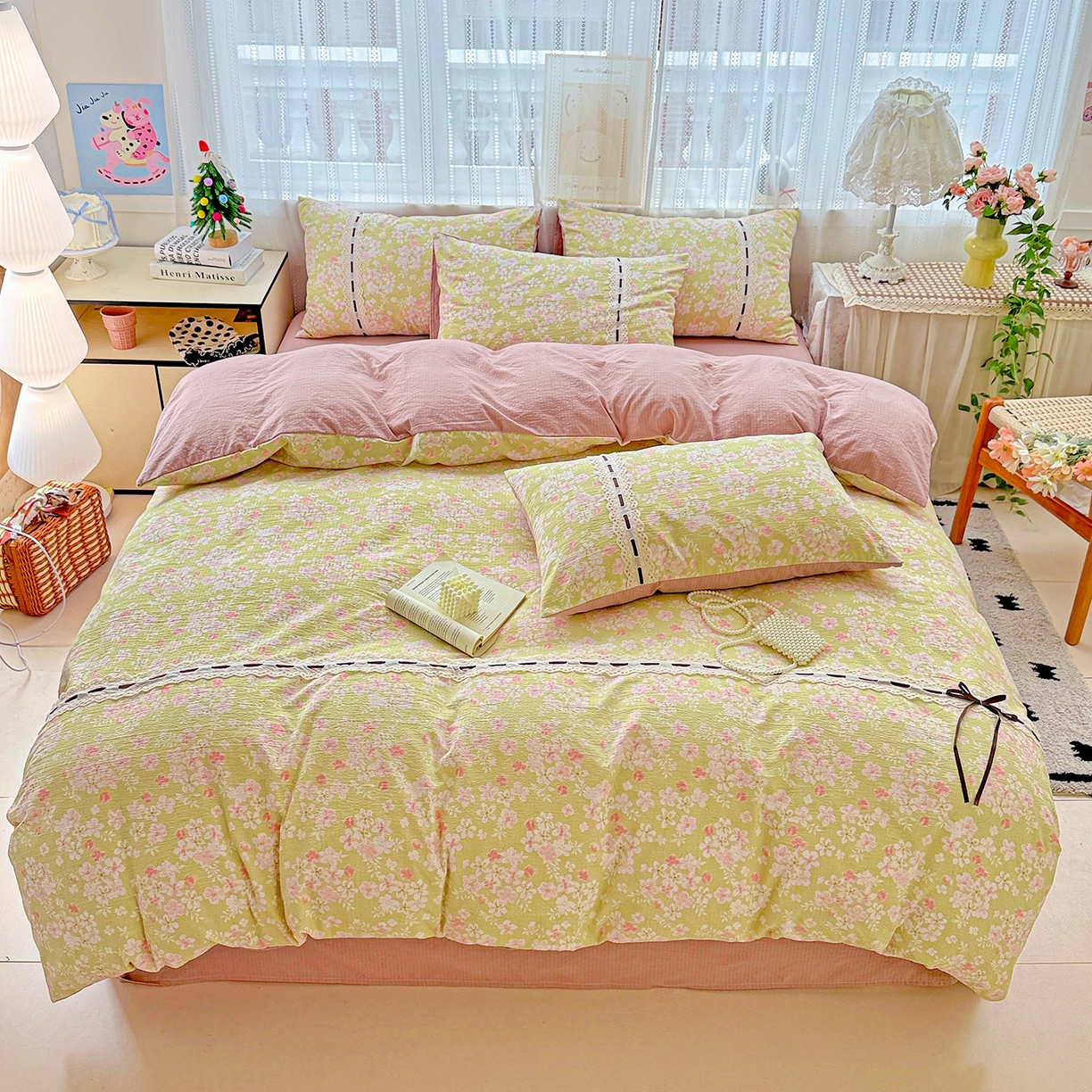 91家纺网 家纺一手货源 找家纺 （总）梵克保罗 2025新款古法水洗棉全棉花边蝴蝶结四件套