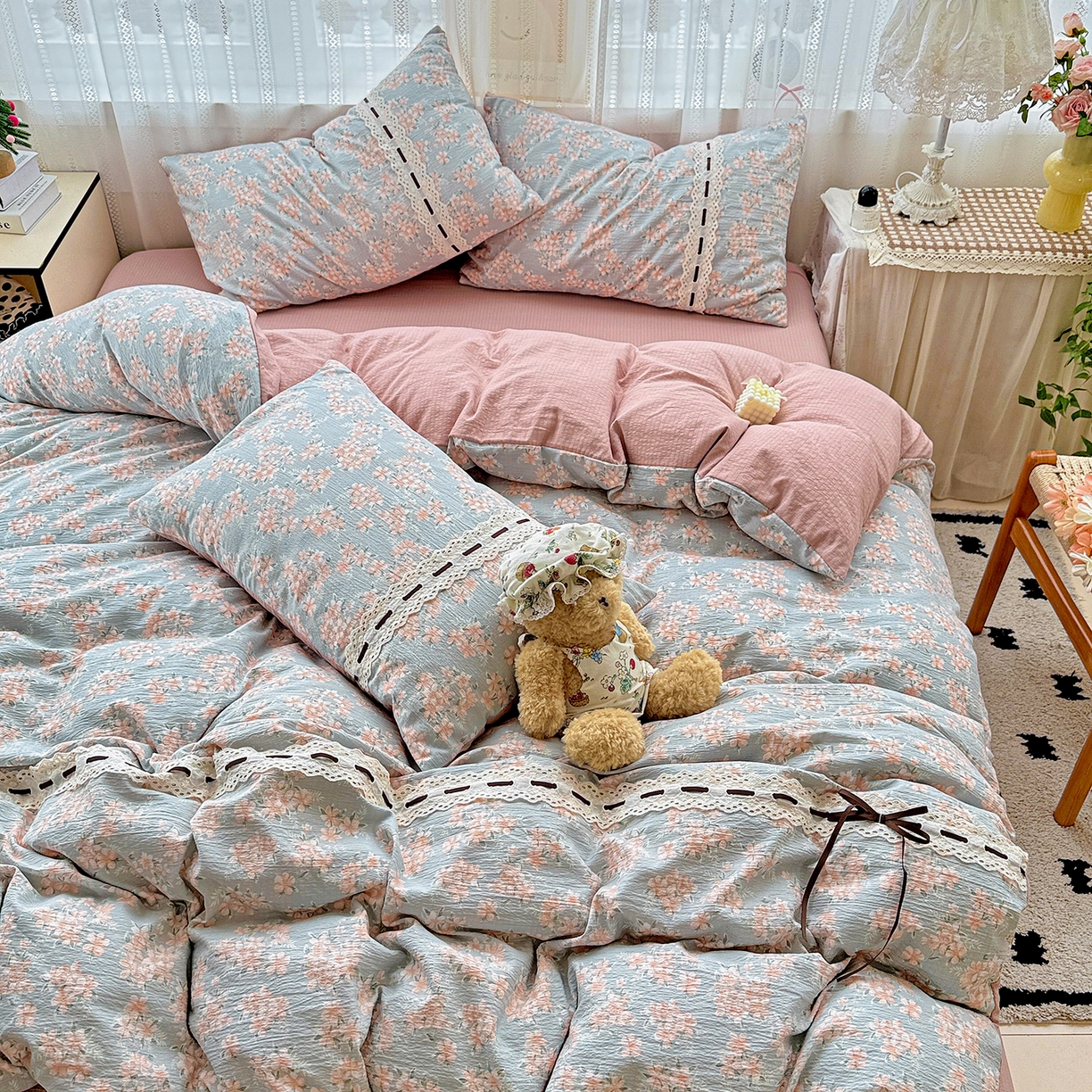 91家纺网 家纺一手货源 找家纺 梵克保罗 2025新款古法水洗棉全棉花边蝴蝶结四件套 雅集