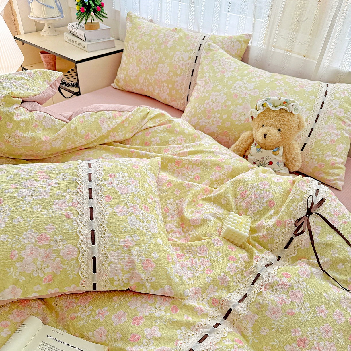 91家纺网 家纺一手货源 找家纺 梵克保罗 2025新款古法水洗棉全棉花边蝴蝶结四件套 觅秋