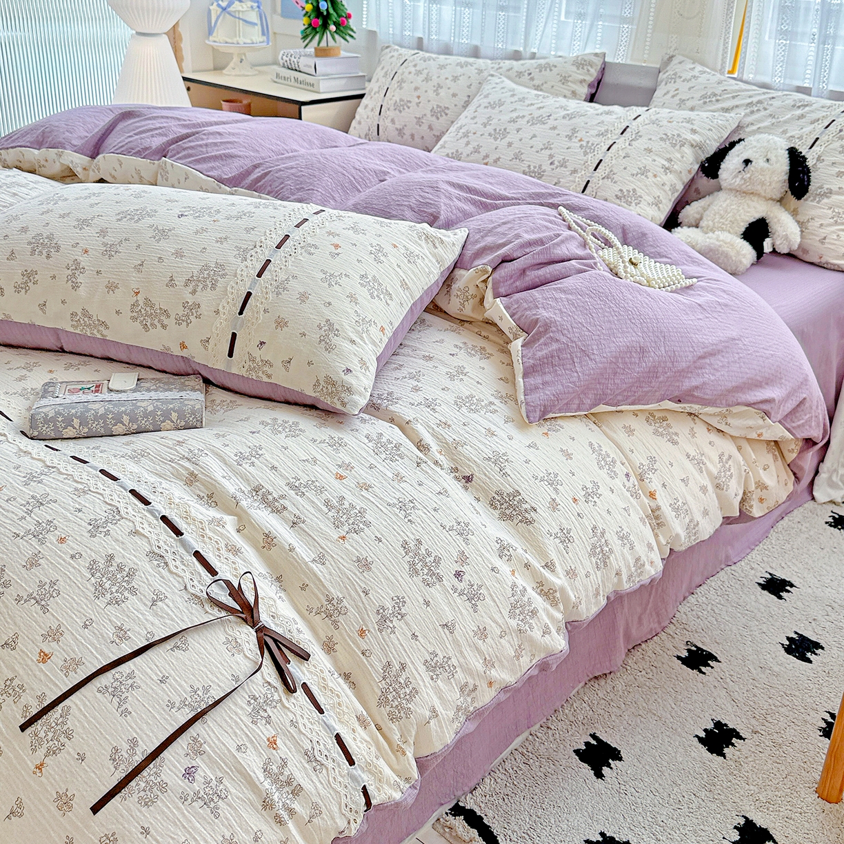 91家纺网 家纺一手货源 找家纺 梵克保罗 2025新款古法水洗棉全棉花边蝴蝶结四件套 静初