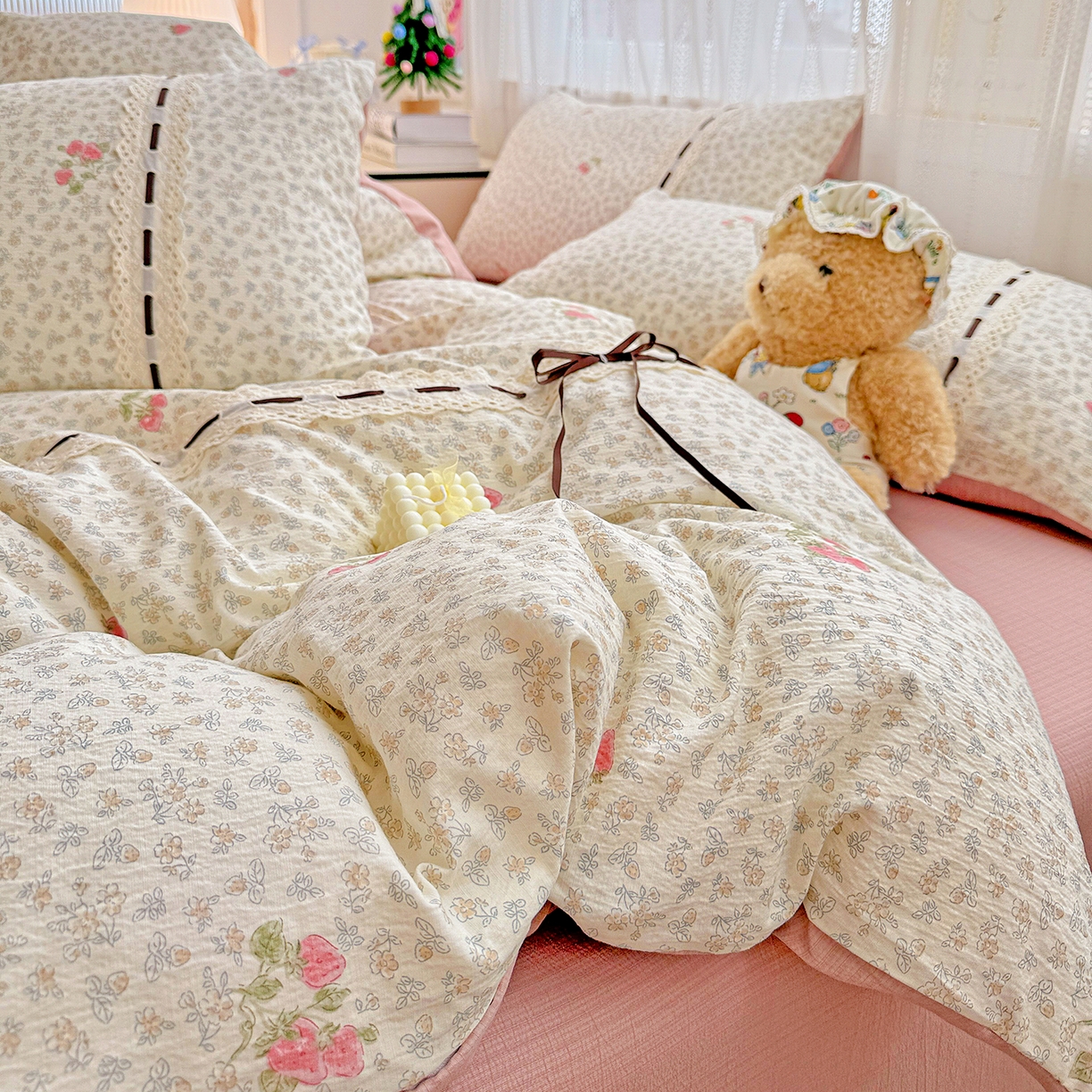 91家纺网 家纺一手货源 找家纺 梵克保罗 2025新款古法水洗棉全棉花边蝴蝶结四件套 悠然雅居