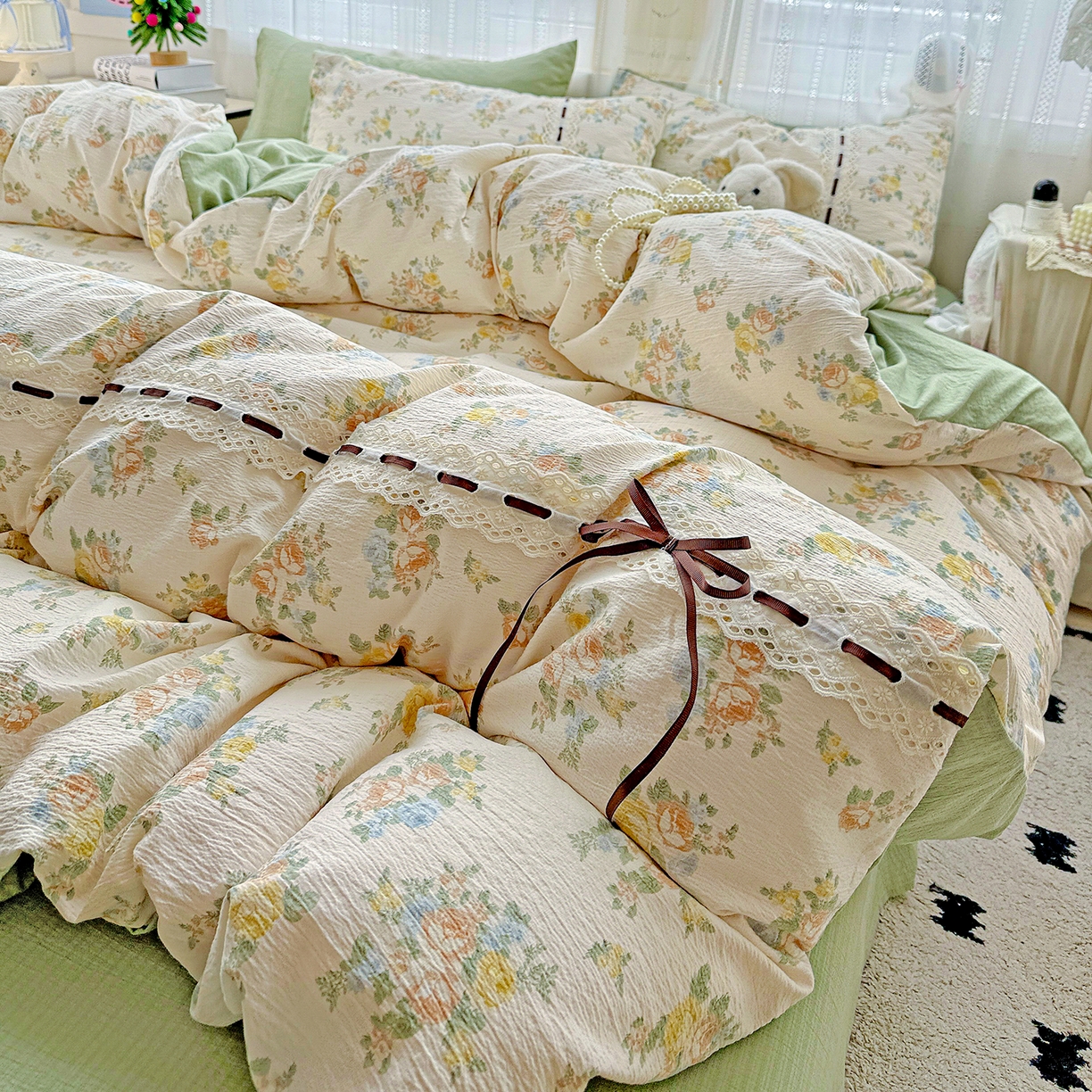 91家纺网 家纺一手货源 找家纺 梵克保罗 2025新款古法水洗棉全棉花边蝴蝶结四件套 绿野仙踪