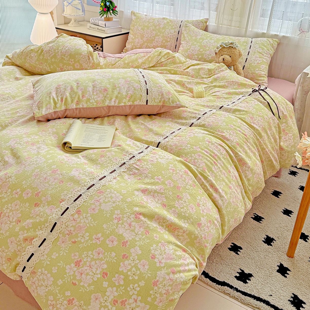 91家纺网 家纺一手货源 找家纺 梵克保罗 2025新款古法水洗棉全棉花边蝴蝶结四件套 觅秋