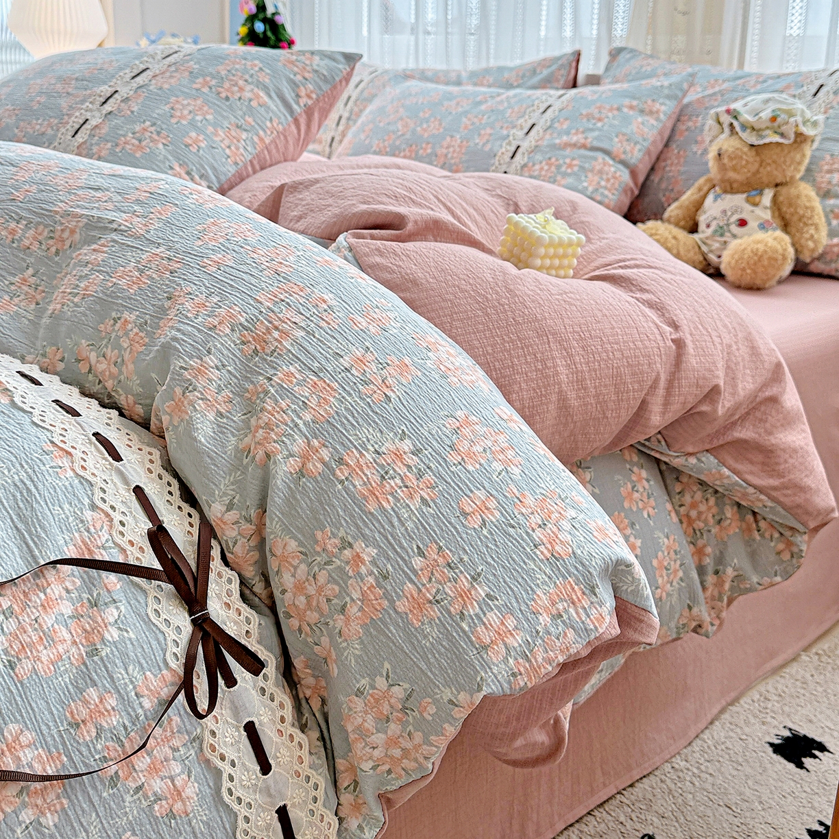 91家纺网 家纺一手货源 找家纺 梵克保罗 2025新款古法水洗棉全棉花边蝴蝶结四件套 雅集