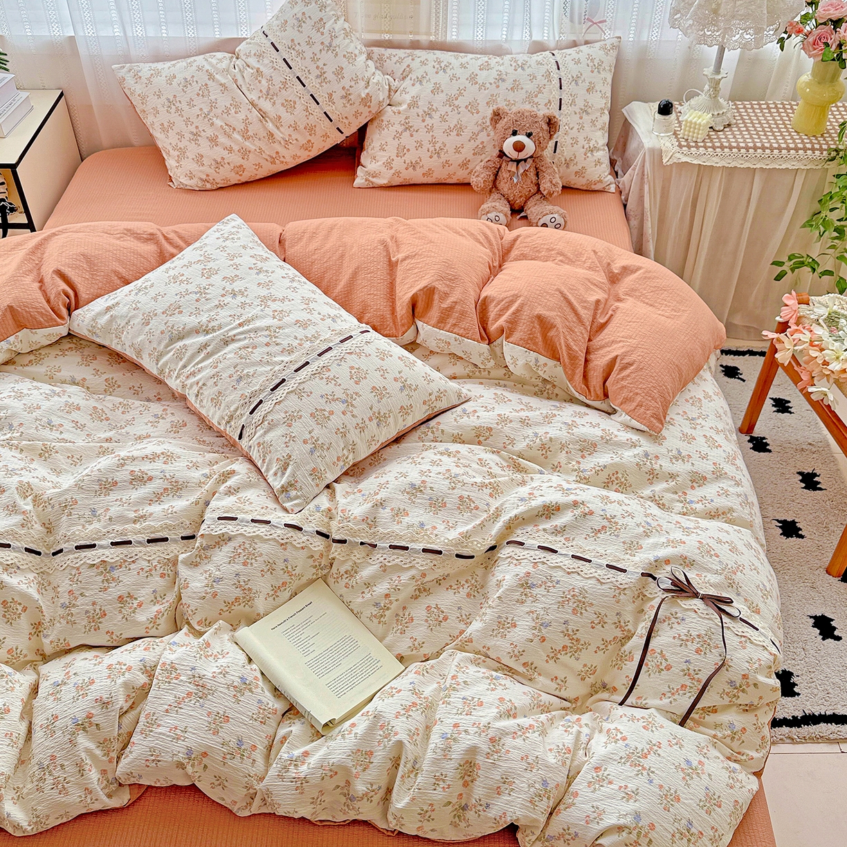 91家纺网 家纺一手货源 找家纺 梵克保罗 2025新款古法水洗棉全棉花边蝴蝶结四件套 可可庄园