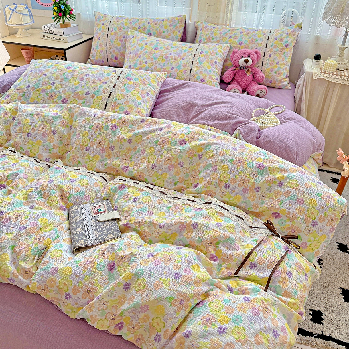 91家纺网 家纺一手货源 找家纺 梵克保罗 2025新款古法水洗棉全棉花边蝴蝶结四件套 艾薇