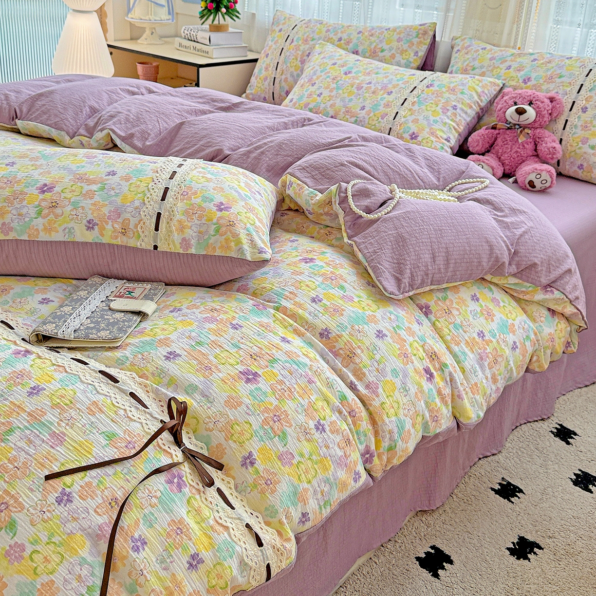 91家纺网 家纺一手货源 找家纺 梵克保罗 2025新款古法水洗棉全棉花边蝴蝶结四件套 艾薇