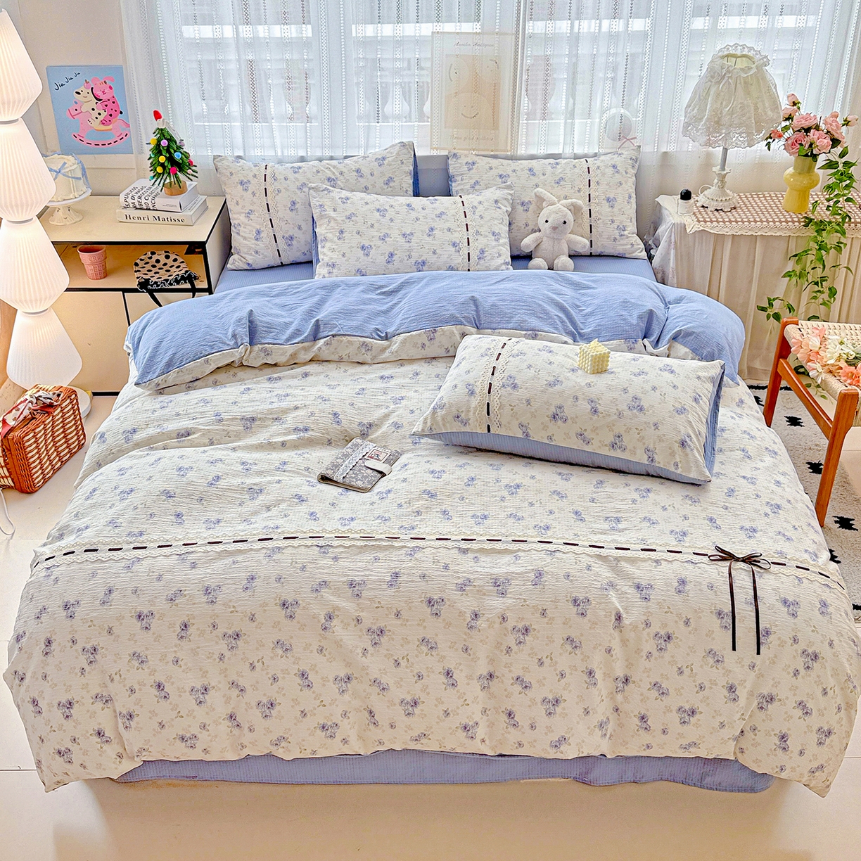 91家纺网 家纺一手货源 找家纺 （总）梵克保罗 2025新款古法水洗棉全棉花边蝴蝶结四件套