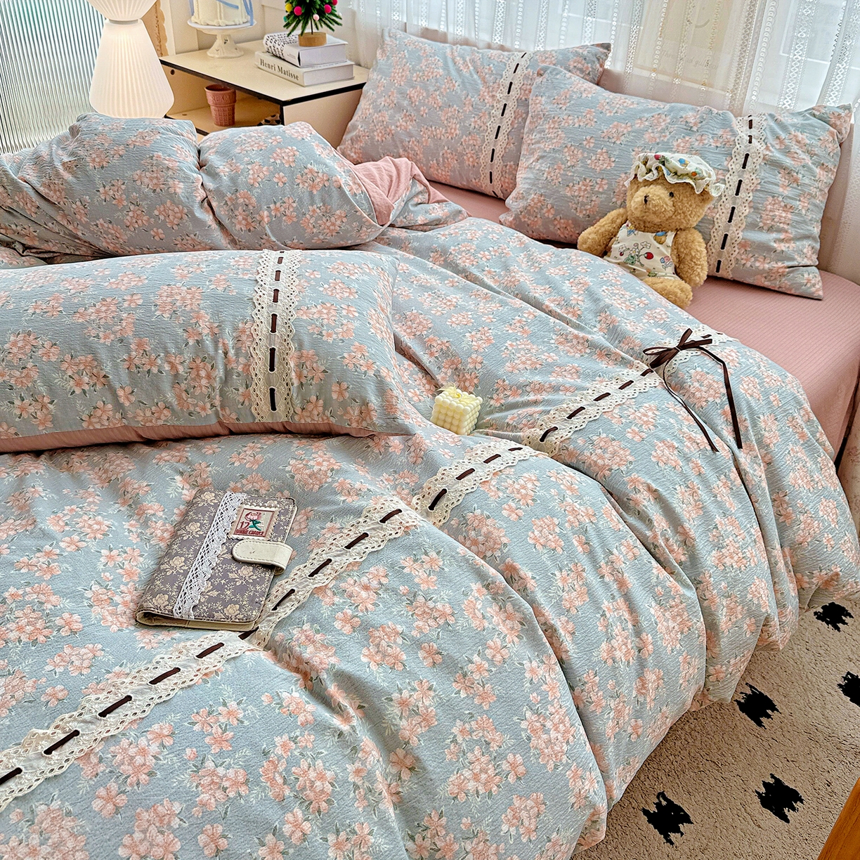 91家纺网 家纺一手货源 找家纺 梵克保罗 2025新款古法水洗棉全棉花边蝴蝶结四件套 雅集