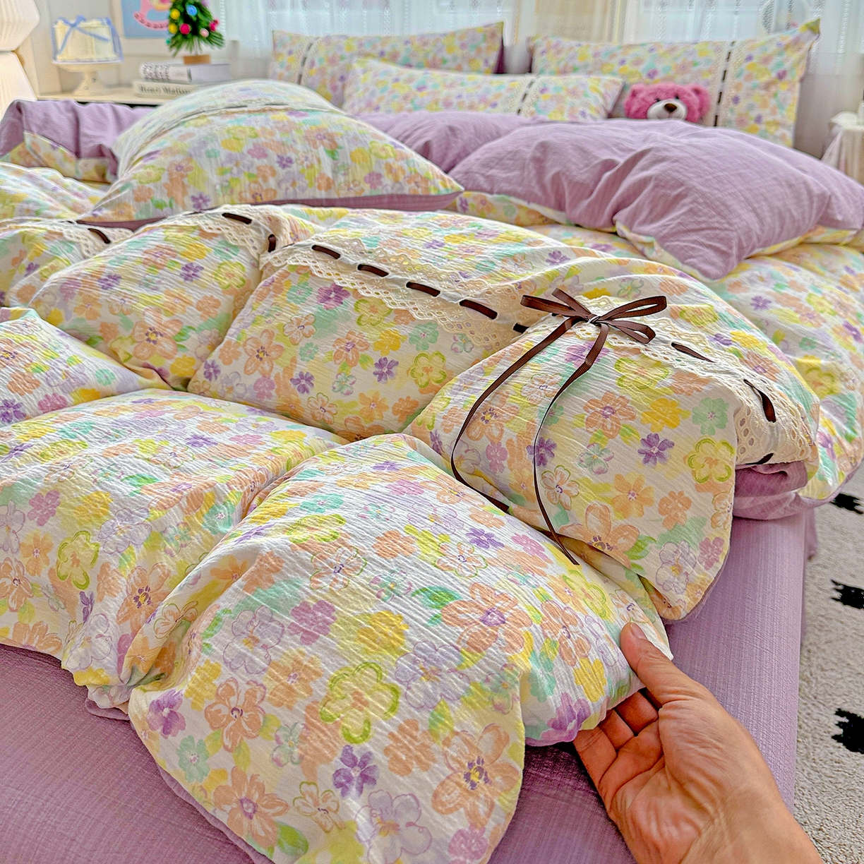 91家纺网 家纺一手货源 找家纺 梵克保罗 2025新款古法水洗棉全棉花边蝴蝶结四件套 艾薇