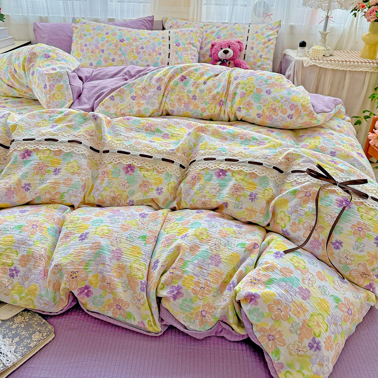 91家纺网 家纺一手货源 找家纺 （总）梵克保罗 2025新款古法水洗棉全棉花边蝴蝶结四件套