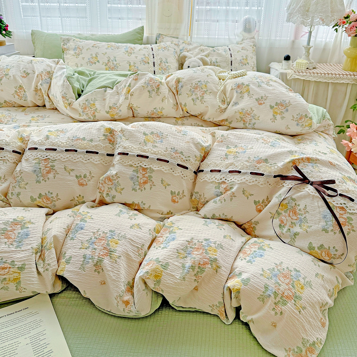 91家纺网 家纺一手货源 找家纺 梵克保罗 2025新款古法水洗棉全棉花边蝴蝶结四件套 绿野仙踪