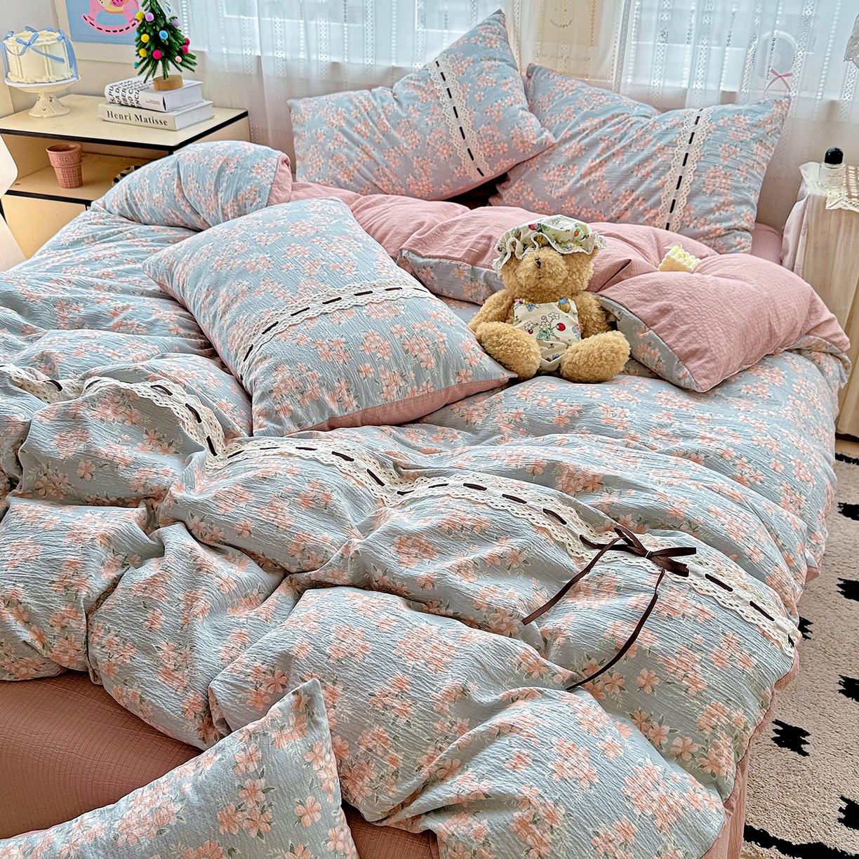 91家纺网 家纺一手货源 找家纺 梵克保罗 2025新款古法水洗棉全棉花边蝴蝶结四件套 雅集