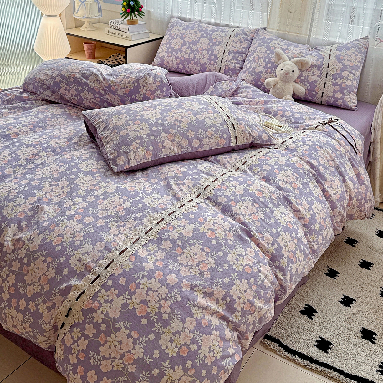 91家纺网 家纺一手货源 找家纺 梵克保罗 2025新款古法水洗棉全棉花边蝴蝶结四件套 花开满园