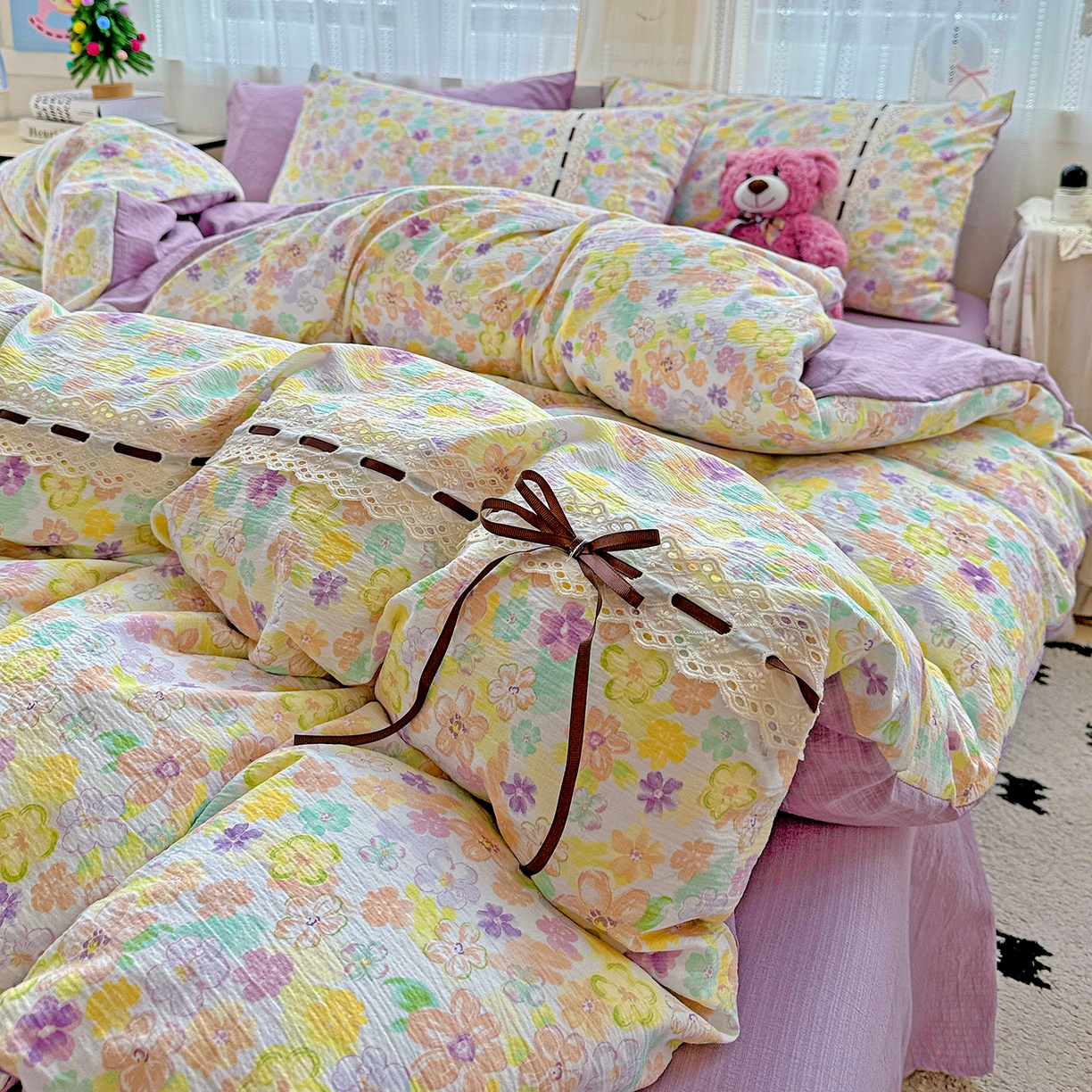 91家纺网 家纺一手货源 找家纺 梵克保罗 2025新款古法水洗棉全棉花边蝴蝶结四件套 艾薇