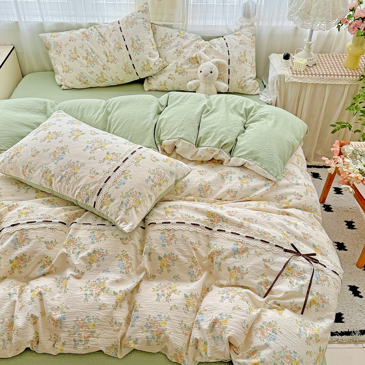 91家纺网 家纺一手货源 找家纺 梵克保罗 2025新款古法水洗棉全棉花边蝴蝶结四件套 绿野仙踪